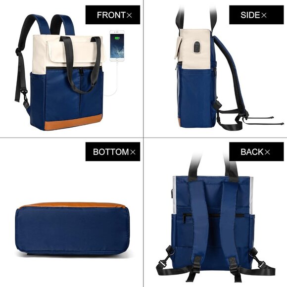 Women Blue Convertible Daypack Laptop Computer Backpack with USB Charging Port main image 5